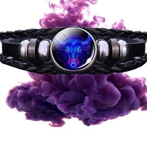 Taurus Black Leather Bracelet, Luminous 12 Constellation Bracelet PU, Bracelet